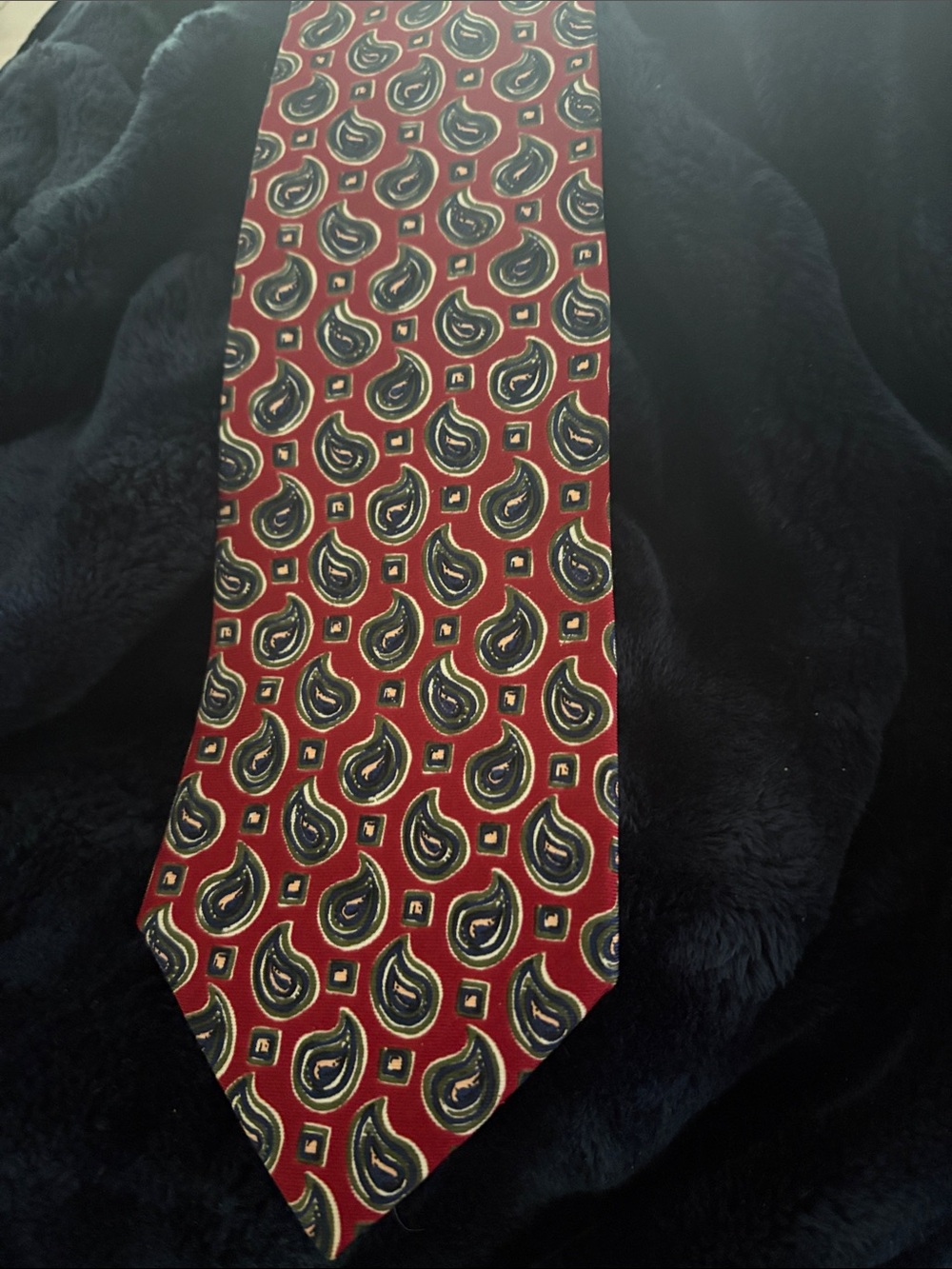 Brooks Brothers Deep Red Paisley Silk Tie with Navy and Cream Motifs